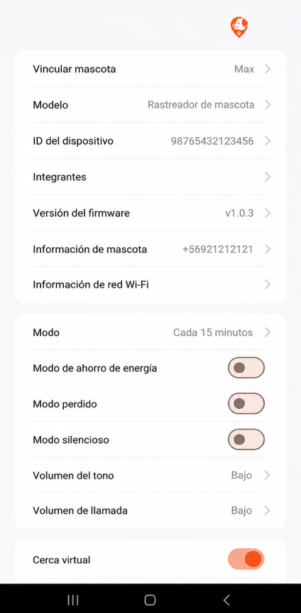 Pantalla de ajustes del Pet Tracker en TraksPet