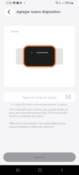 Pantalla para ingresar o escanear el código de registro