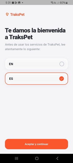 Pantalla para seleccionar español en TraksPet