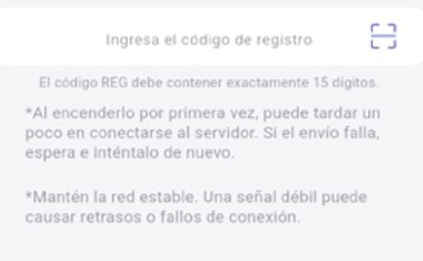 Indicaciones mostradas al ingresar el código de registro