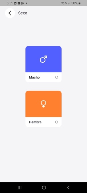 Pantalla para seleccionar sexo de la mascota