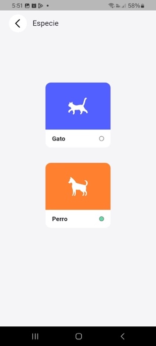 Pantalla para seleccionar perro o gato