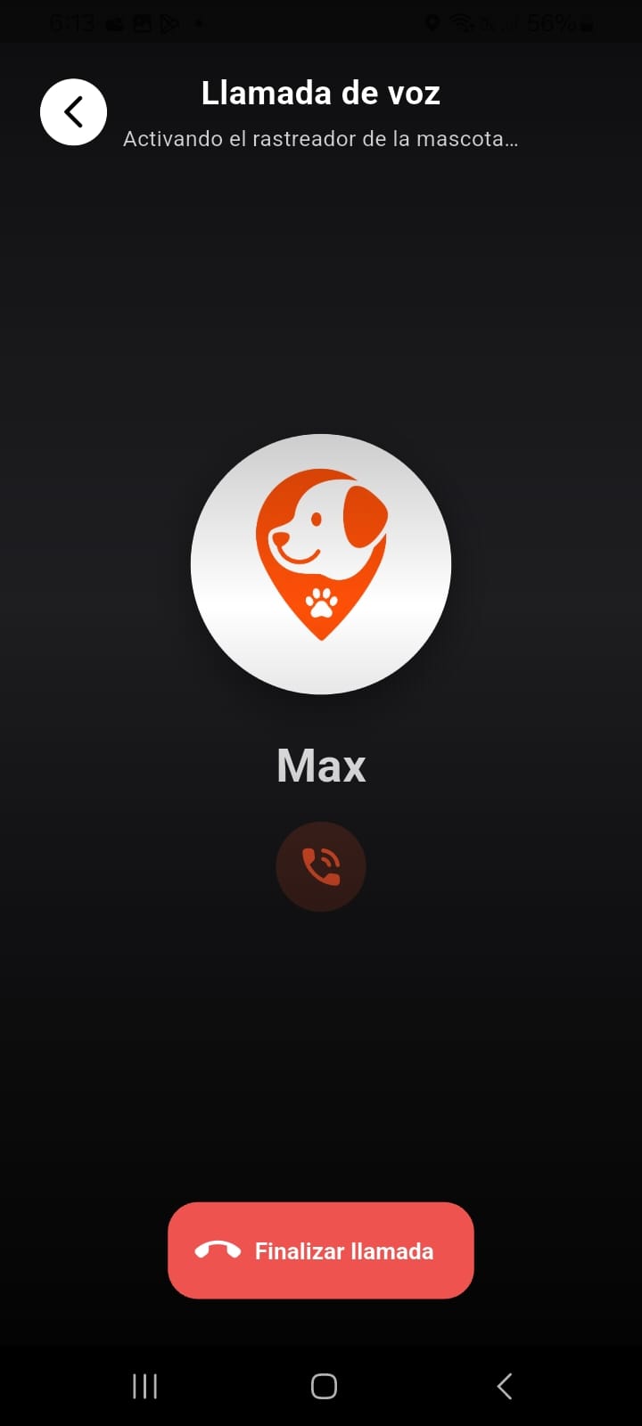 Pantalla de llamada de voz a la mascota